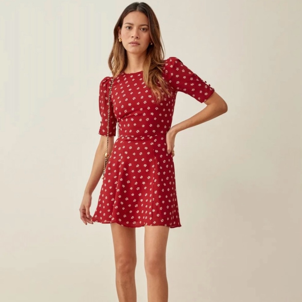 Reformation Bard Red Mini Dress With White Flowers